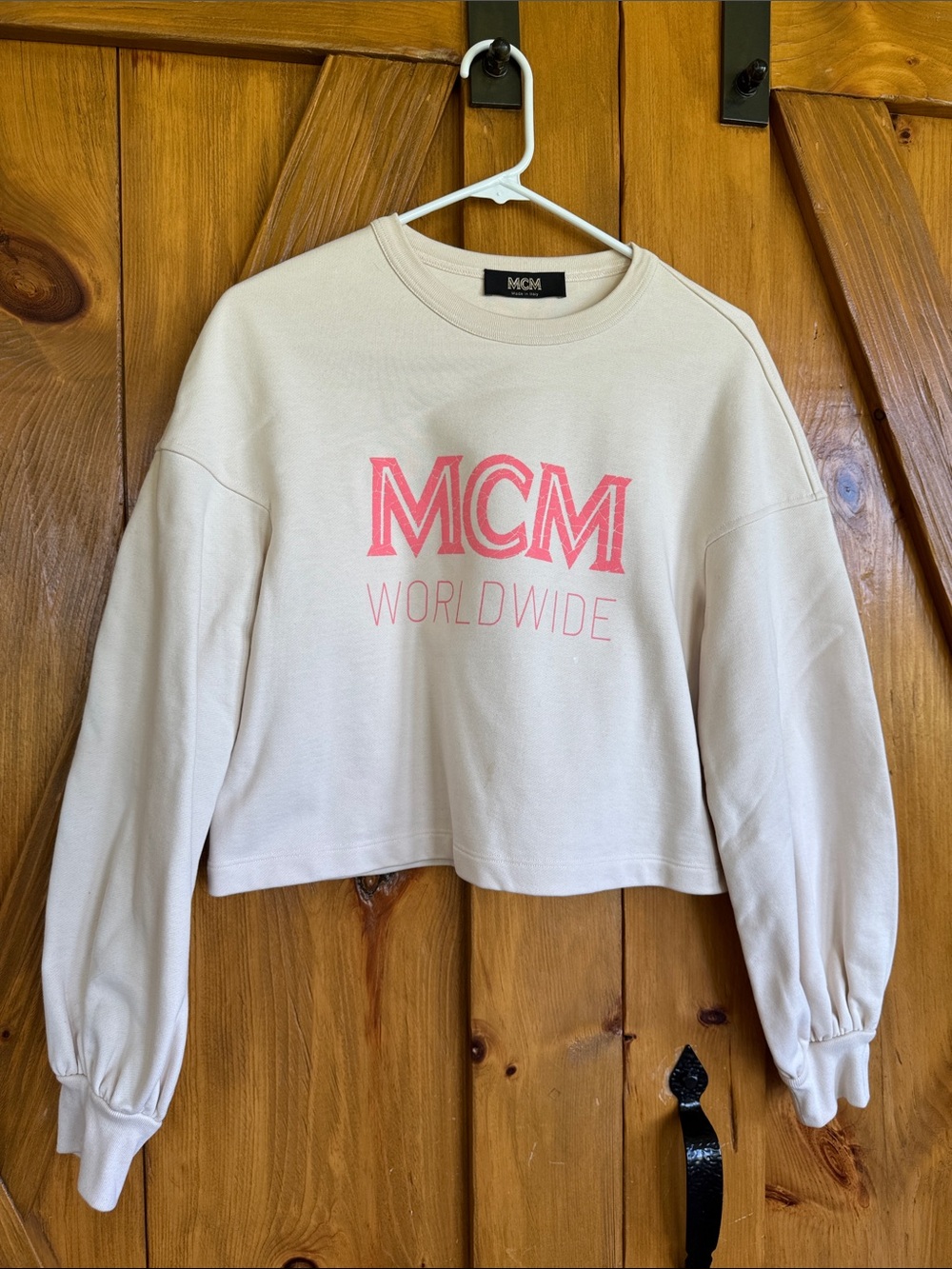 MCM Cream Cropped Sweatshirt with Pink Logo